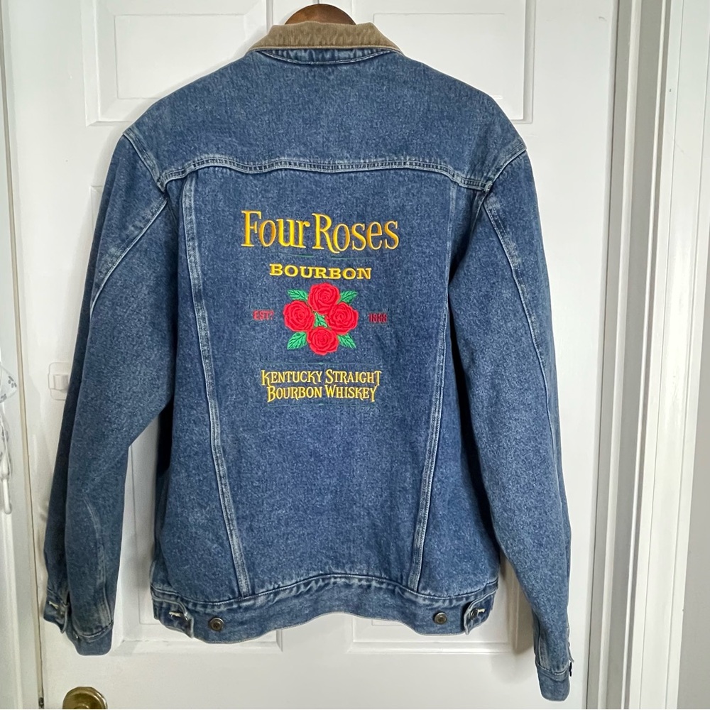 Vtg Four Roses Swingster Embroidered Denim Trucker Jacket Flannel Lined M